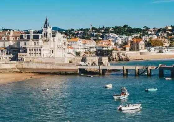 Boats and apartments near the coast in Cascais, Portugal