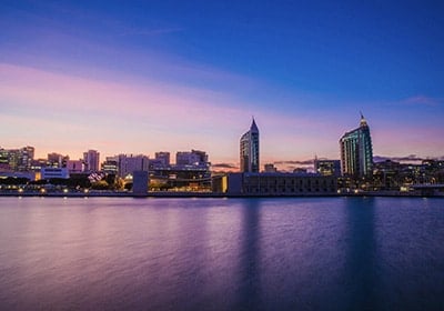 parque das nações in lisbon at nightfall